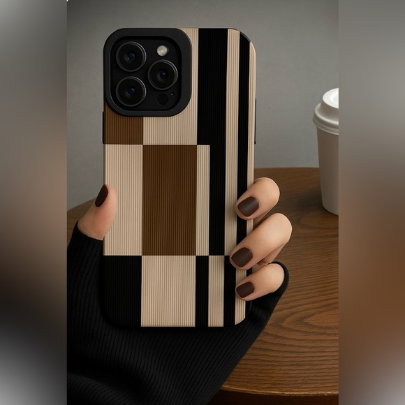 Apple iPhone Phone Case Vertical Stripes PU Leather Texture Color Block Brown - Picture 3 of 4